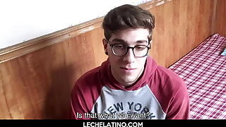 Latin nerd gets big dick jerked off by oily hand